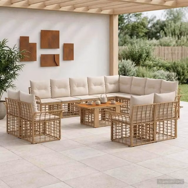 Set Divano da Giardino a L con Tavolino vidaXL, 13 Pezzi, Colore Bianco e Beige, in Polyrattan con Struttura in Acciaio e Cuscini Inclusi