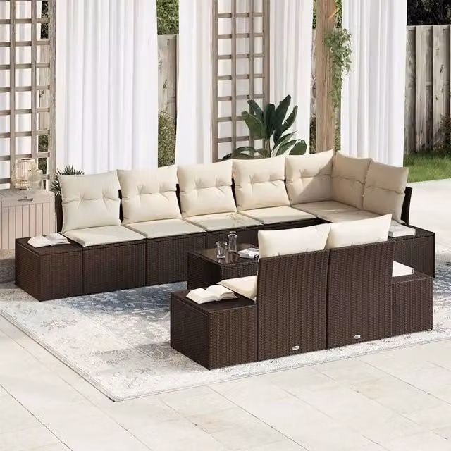 Set Divano da Giardino 9 pz Marrone e Crema Poly Rattan 3355787