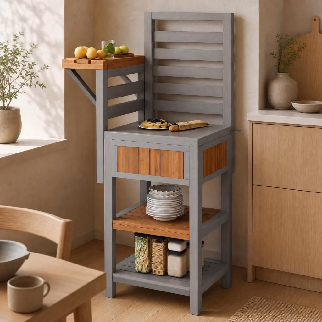 Mobile da esterno MODFU in legno e metallo con piano in acciaio inox e doppio ripiano, marrone e grigio, L: 74 cm, P: 54 cm, H: 149 cm – 2