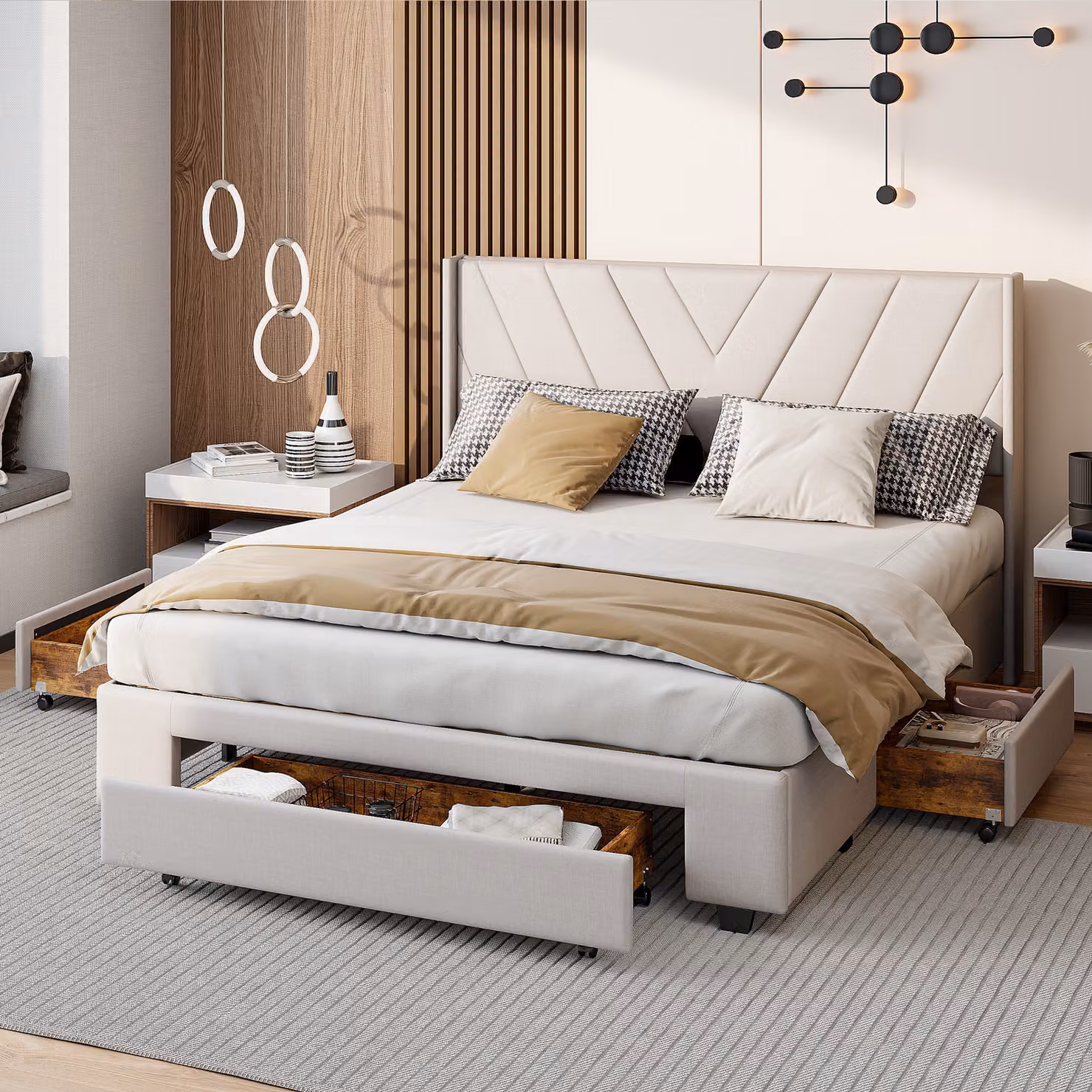 Letto imbottito 140x200 cm con LED e cassetti, letto matrimoniale con contenitore e rete a doghe, beige, design moderno, ideale per camere da letto, funzionale e comodo
