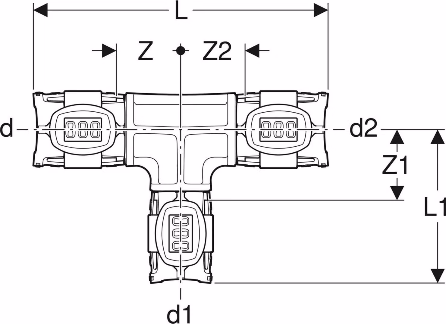 Geberit GE FlowFit, raccordo a T, ridotto, PPSU, d75 x 25 x 75 mm, 1 pz.