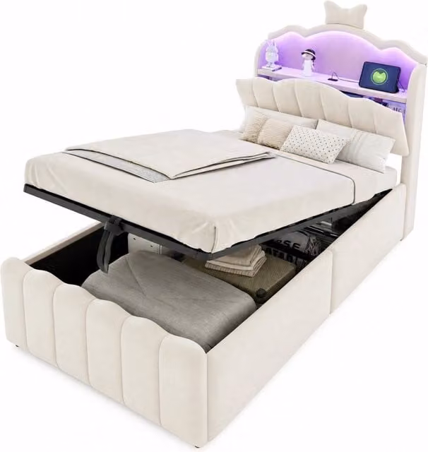 Letto per bambini 90x200 cm con contenitore idraulico; LED e USB/USB-C; beige