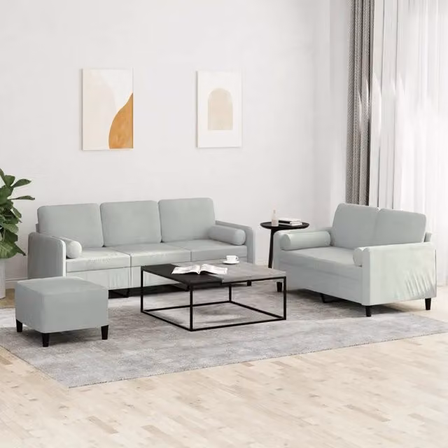 Set di divani moderno vidaXL in velluto grigio composto da divano a 3 posti, divano a 2 posti e pouf con cuscini inclusi