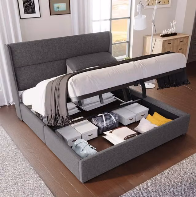 Letto matrimoniale contenitore ULEVR 160x200 cm con testiera regolabile e rete a doghe in metallo, grigio