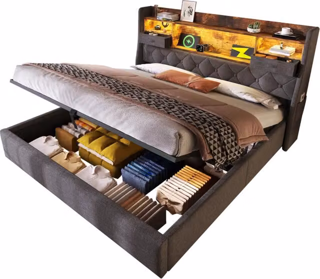 Letto matrimoniale 180x200 cm con contenitore; LED e USB; tessuto grigio