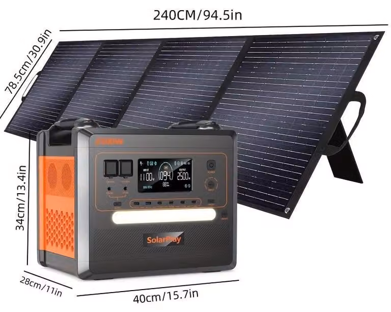 Centralina portatile con una potenza di 2500W, batteria da 2304Wh, funzione di ricarica rapida e pannello solare da 200W