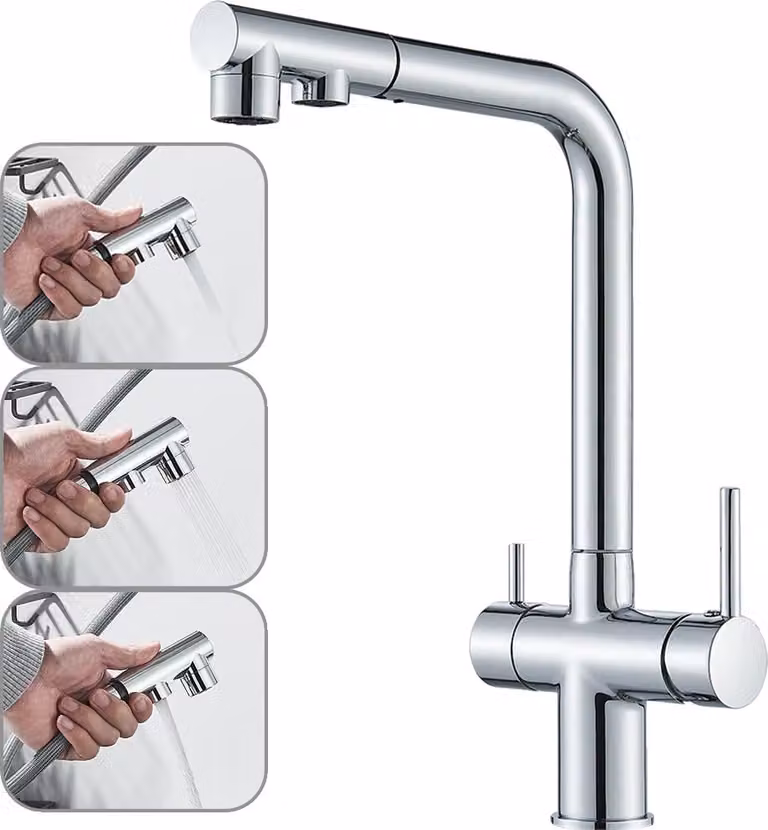 Rubinetto da cucina filtrato, doppia maniglia, ugello estraibile, cromo