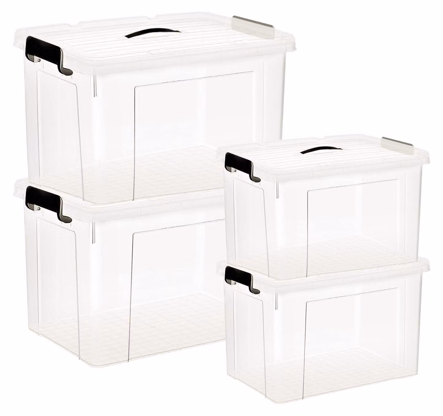 Set di 4 contenitori per la conservazione, da 25 litri e 40 litri, trasparenti, in plastica, impilabili, per uso domestico