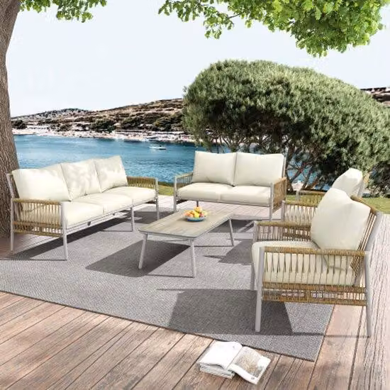 Set da giardino a 7 posti, 7 posti a sedere, 1 tavolo da salotto, rattan in PE, tubi in acciaio zincato, vetro temperato (effetto legno massello), cuscini di seduta sfoderabili e lavabili, beige
