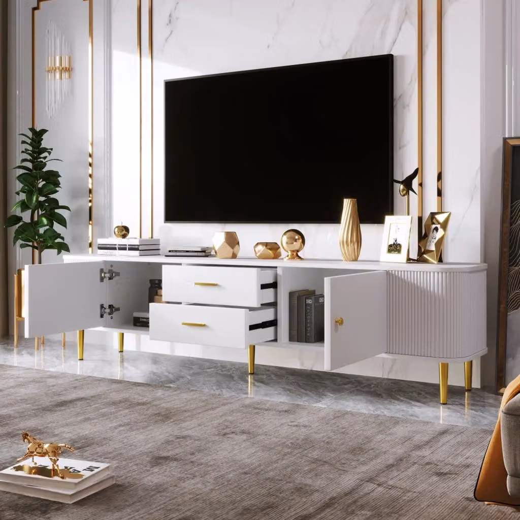Mobile TV moderno Zephmum bianco con cassetti e dettagli dorati L: 170 cm, P: 34 cm, H: 45 cm – 2