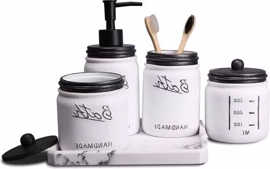 Set di accessori da bagno con contenitori in vetro - 5 pezzi, nero e bianco - set di dispensatori per sapone e crema, 2 vasi da farmacia, 1 supporto per spazzolino da denti, 1 dispensatore per sapone, 1 tavolino per bagno