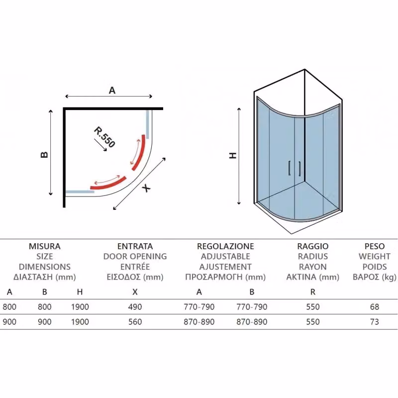 Pareti doccia angolari Karag a 1/4 di cerchio con struttura in INOX e vetro trasparente, L/P/H: 90 x 90 x 190 cm – 2