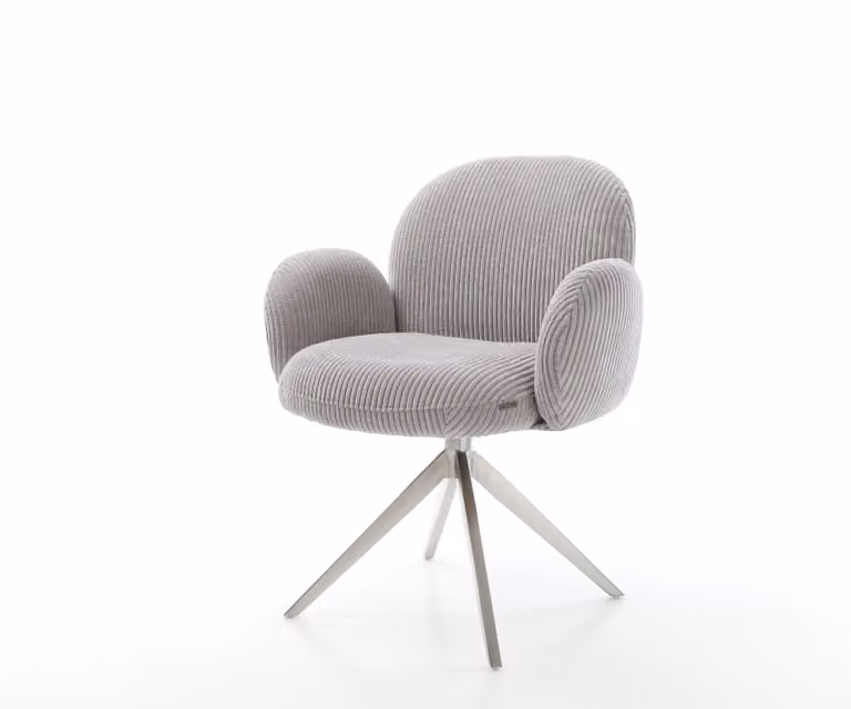 Sedia girevole DELIFE Nube-Flex con braccioli in corda grigio argento, base a croce larga in acciaio inox, girevole a 360°, molle insacchettate