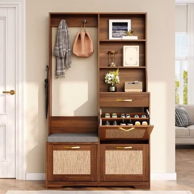 Armadio ingresso REDOM con panca e porta scarpe in MDF color noce con frontali effetto rattan L 100 x P 30 x H 170 cm
