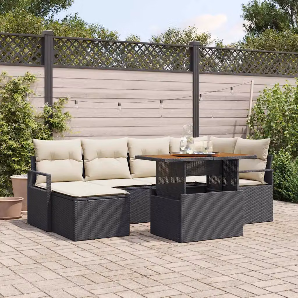 Set da pranzo da giardino vidaXL in rattan e metallo con cuscini, 7 pezzi, Nero e Beige – 1