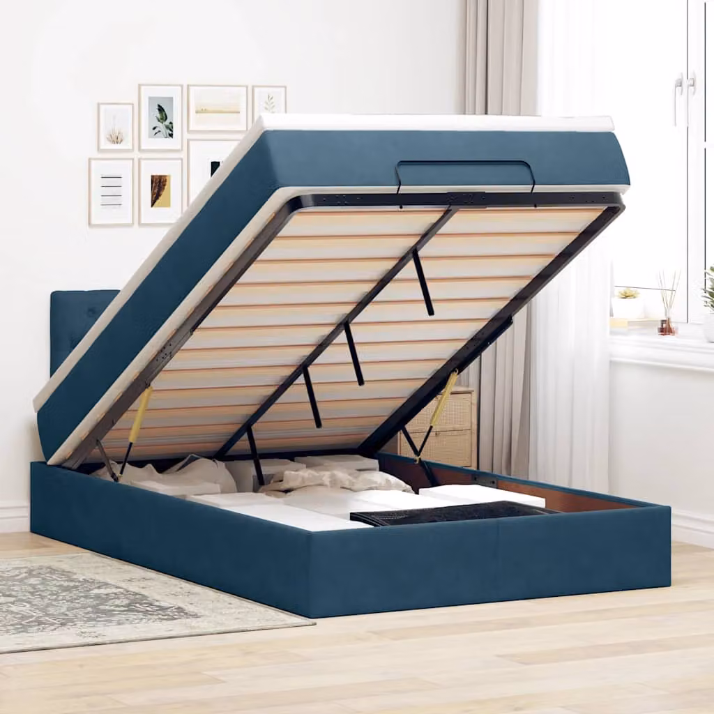 vidaXL Struttura Letto con Materasso e Pouf in Velluto Blu, con Base a Sollevamento, Illuminazione Sotto il Letto e Porte USB, L/P: 120 x 200 cm