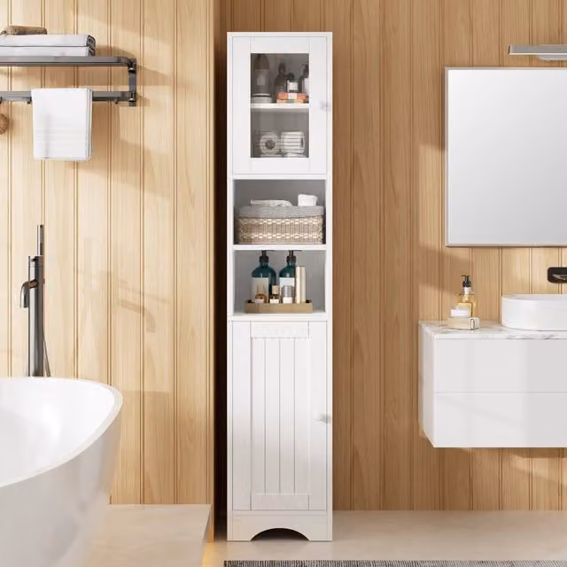 Armadio alto moderno bianco, 160 cm, con anta in vetro a telaio, ripiani regolabili, vani aperti e spazio chiuso. Per soggiorno, cucina, sala da pranzo e ingresso