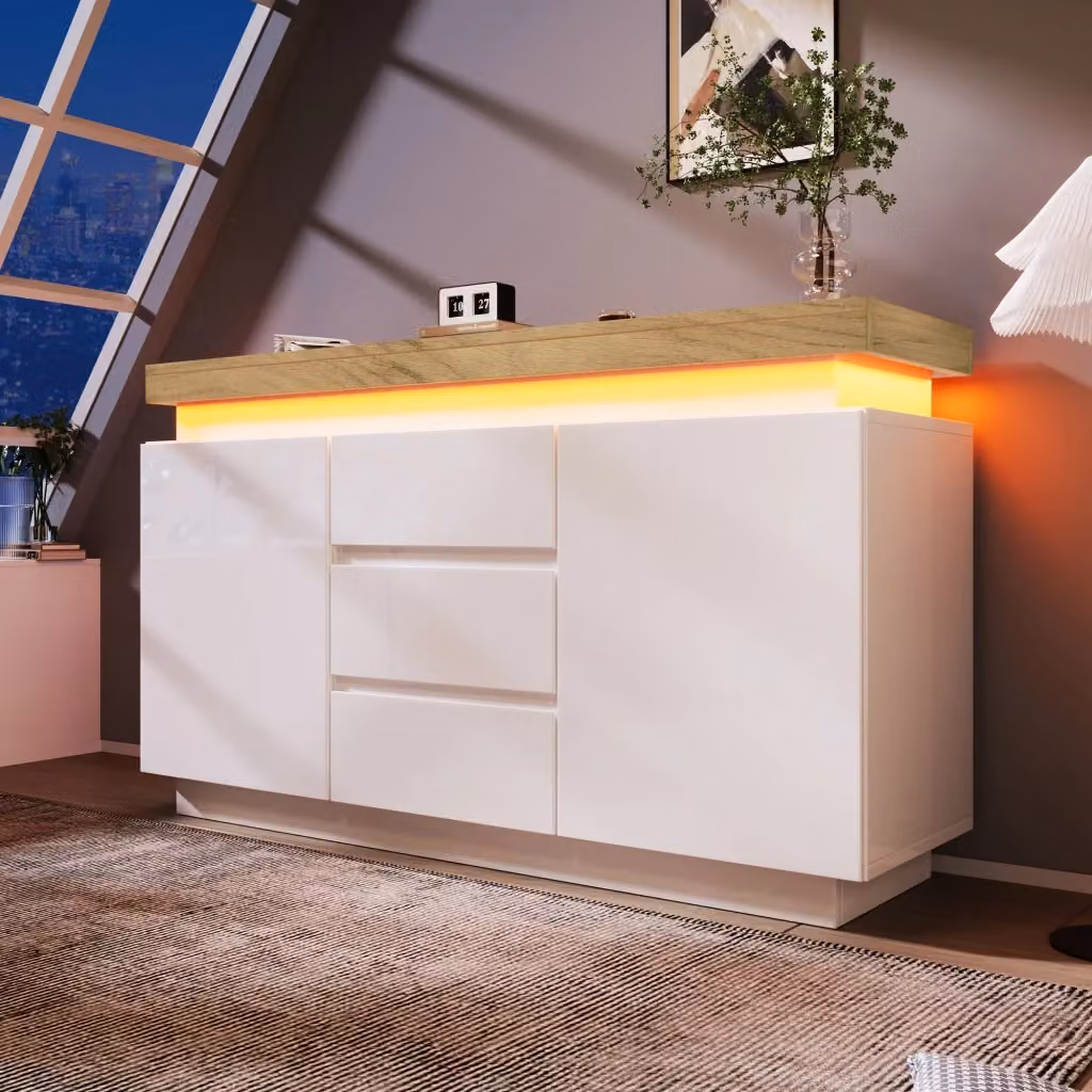 Madia moderna con 2 ante, 3 cassetti e illuminazione LED integrata, finitura lucida bianca, L: 140 cm, P: 39 cm, H: 81 cm – 2