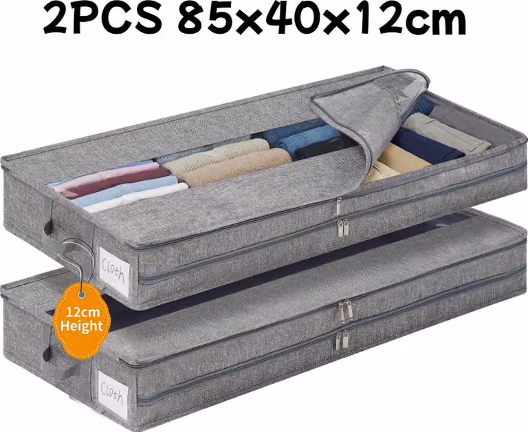 Borsa portaoggetti da mettere sotto il letto - Organizer - 85×40×12 cm - Tessuto Oxford - Cerniera centrale - Pieghevole - Protezione da polvere e umidità - Grigio chiaro