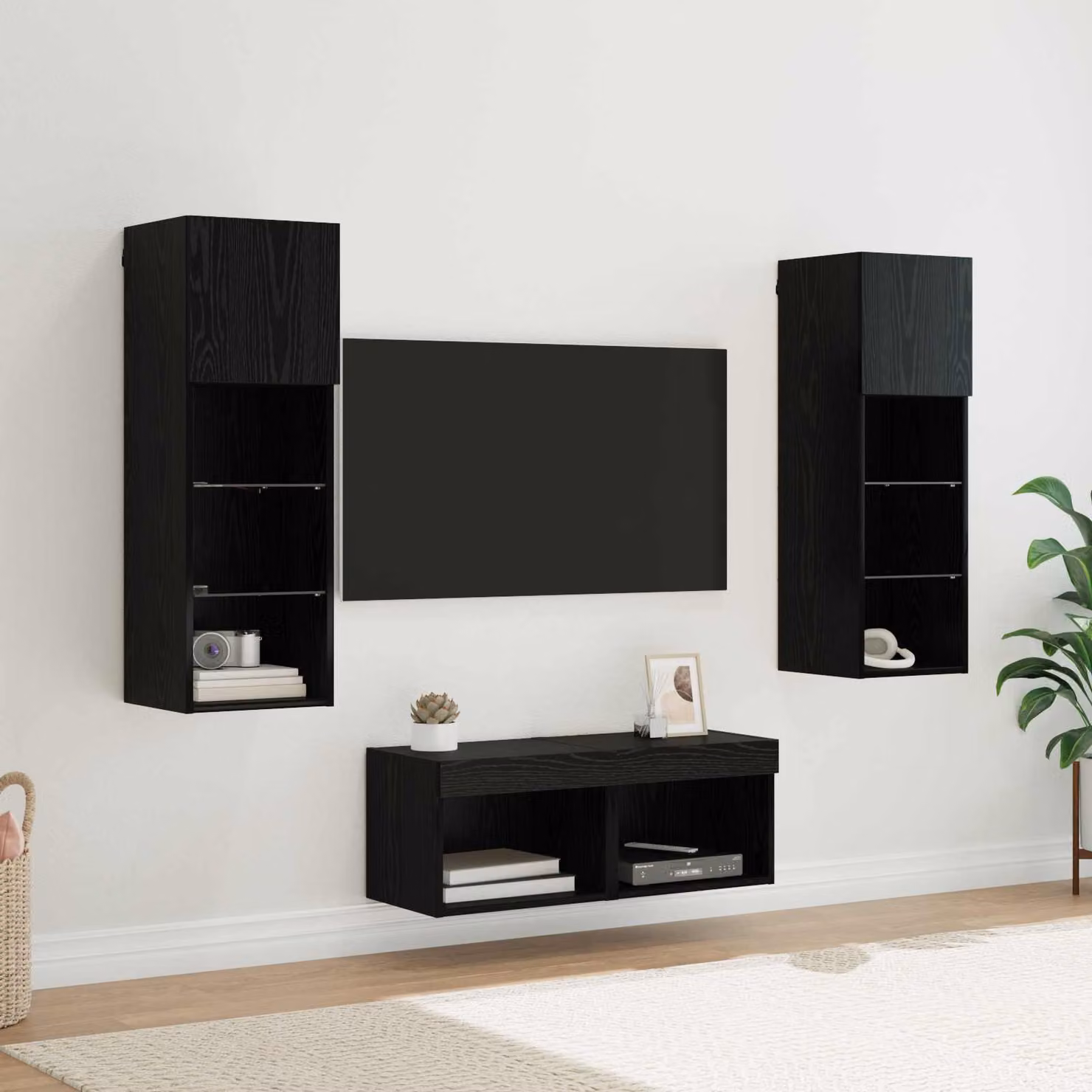 Set di 4 Mobiletti TV da Parete Moderni vidaXL in Legno e Vetro, Colore Nero e Rovere, L/P/H: 40 x 30 x 30 cm – 1