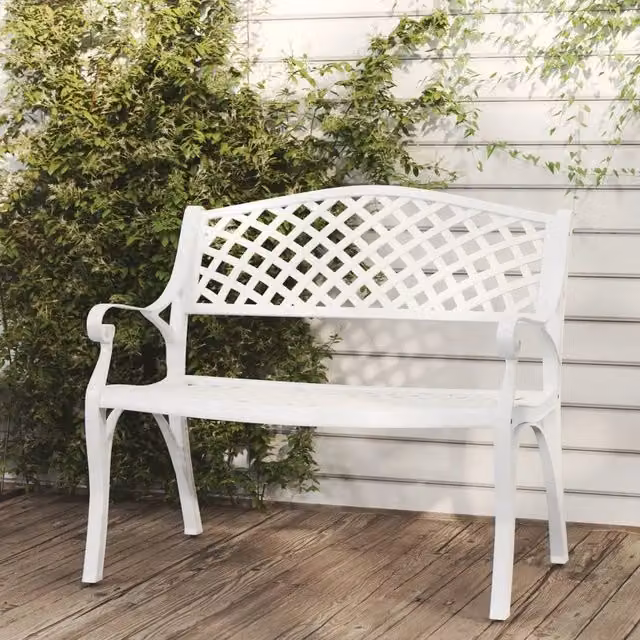 Panchina da giardino vidaXL in alluminio verniciato bianco con braccioli e decorazioni floreali L: 102 cm