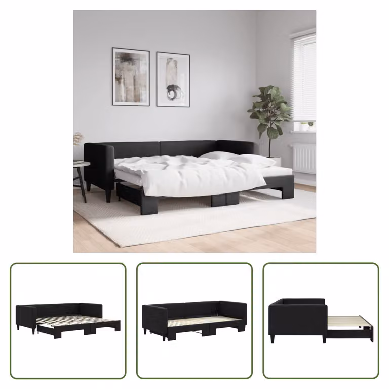 The Living Store letto da giorno allungabile nero 90x200 cm in tessuto