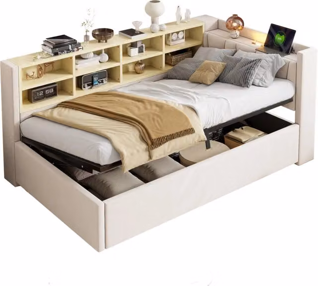 Letto divano singolo beige con contenitore idraulico, luce notturna, porte USB e Tipo C, L/P/H: 90 x 200 x 81 cm – 1