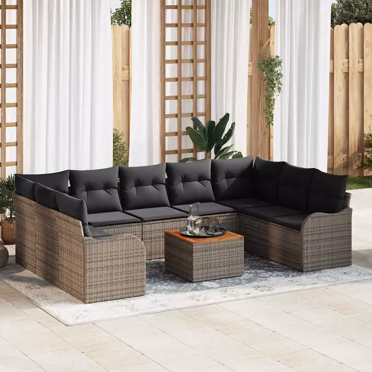 Set Divano da Giardino vidaXL 10 Pezzi Grigio con Poltrone, Divani a L, Tavolino e Cuscini in Polyrattan e Acciaio