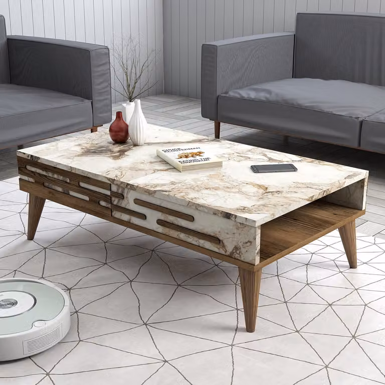 Skye Decor, Valensiya - Noce, Bianco, Marmo, Tavolino, Noce, 100% PANNELLI DI PARTICELLE RIVESTITI IN MELAMMINA, 105 x 34,6 x 60 cm