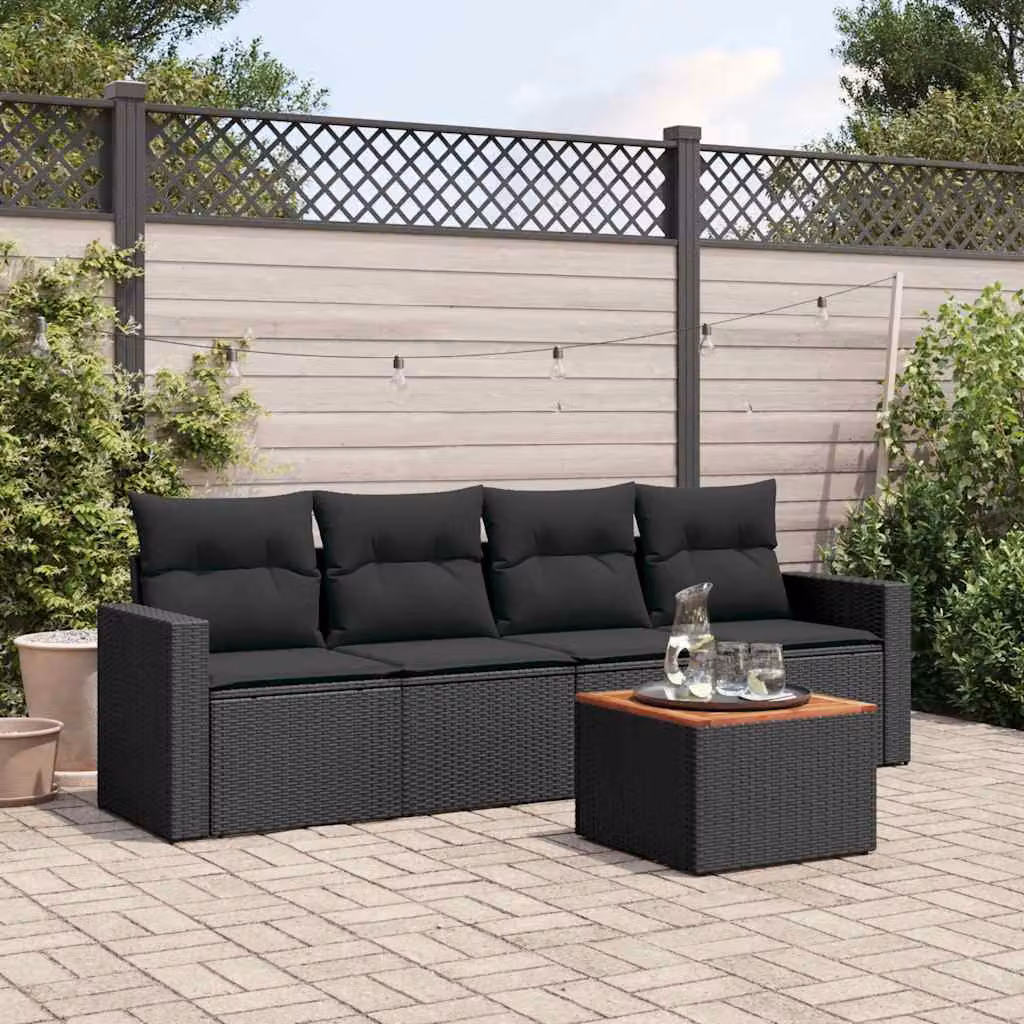 vidaXL Set Divani da Giardino 5 pz in Polyrattan Nero con Cuscini e Tavolino da Esterno – 1