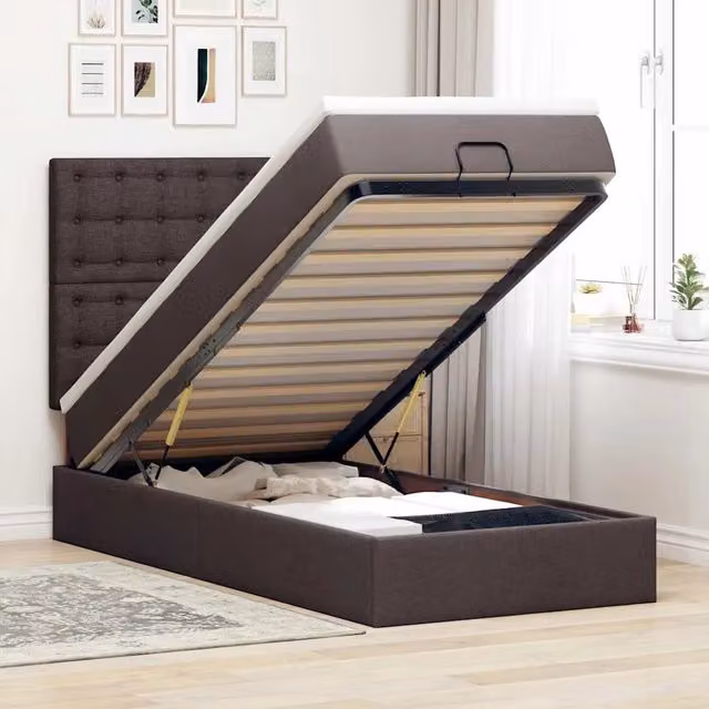 Letto con contenitore a sollevamento e materasso vidaXL in tessuto marrone e bianco L/P/H: 190 x 90 x 128 cm – 1