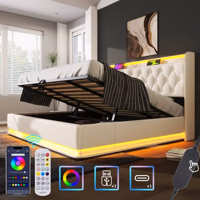 Letto matrimoniale 180 × 200 cm con LED, USB e Type-C, mensole e vano idraulico, senza materasso, bianco in PU