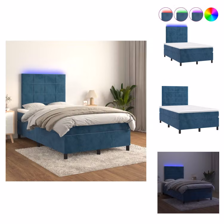vidaXL Letto a molle con materasso e LED in velluto blu scuro 120x200 cm - Letti & strutture letto