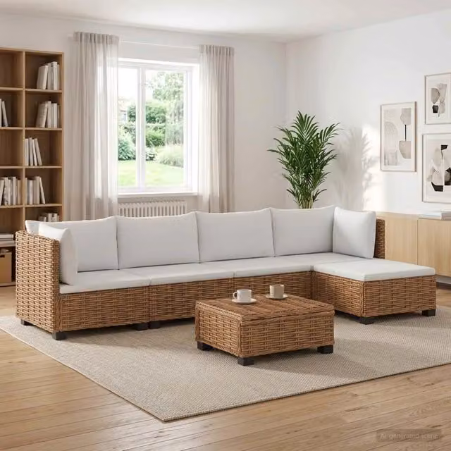 Set Lounge da Giardino vidaXL in Polyrattan con Cuscini Beige e Bianco, 6 Pezzi, Design Moderno a L