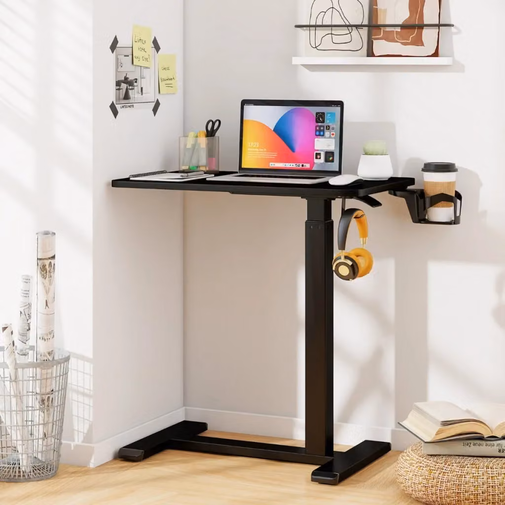 Tavolo laterale da letto regolabile in altezza con portabicchieri e ruote nascoste, scrivania pneumatica per laptop moderna in nero L/P/H: 60 x 40 x 100 cm – 2