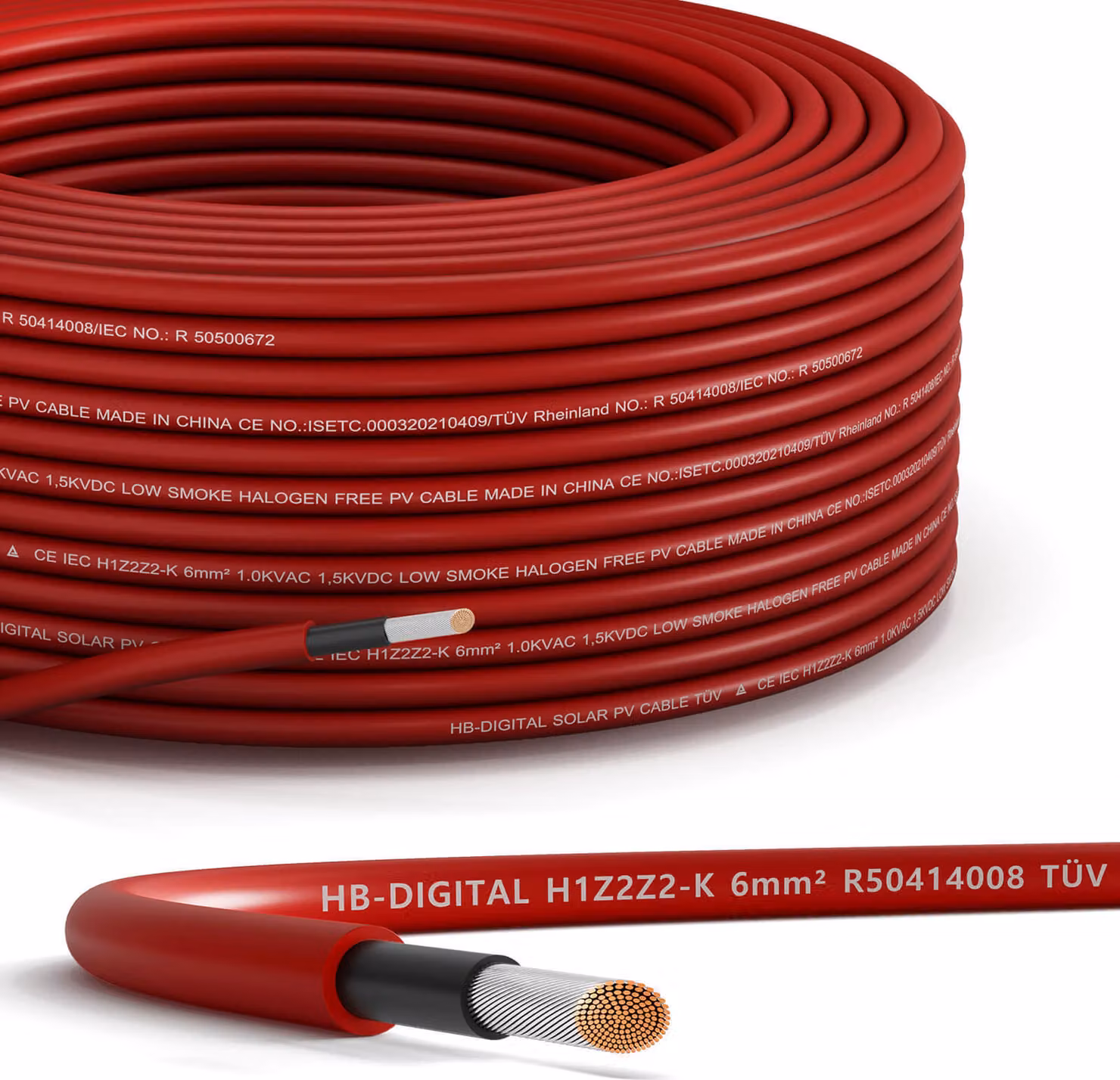Cavo solare da 40 m, 6 mm², H1Z2Z2-K Cavo fotovoltaico per impianti solari, rosso