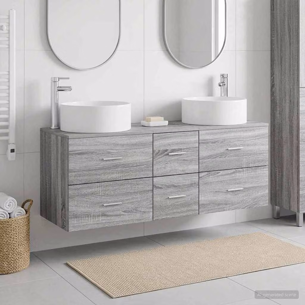 Set di mobili per il bagno moderno vidaXL in 3 pezzi grigio argento con pensile e mobile lavabo a parete