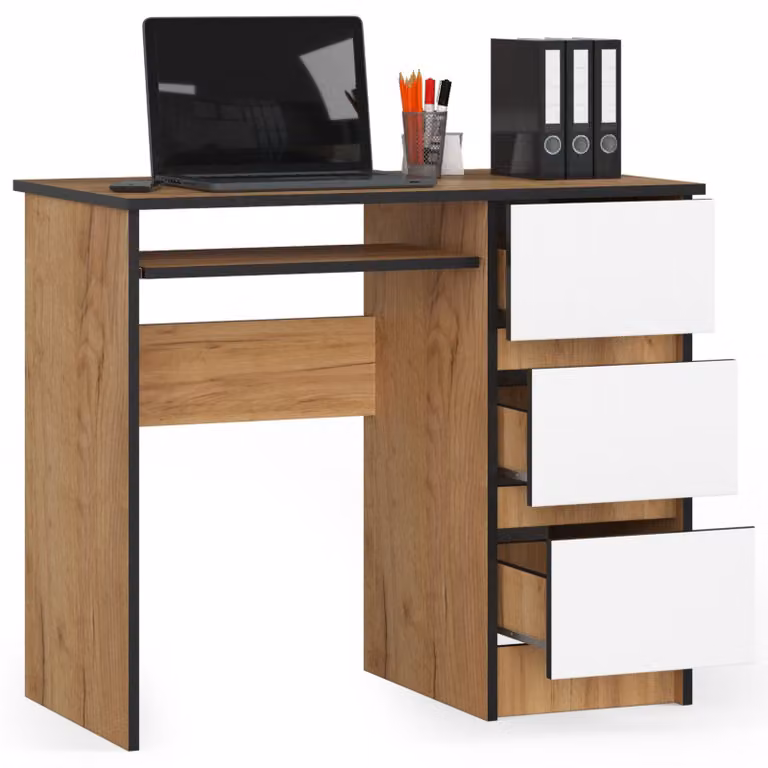 Scrivania da 90 cm con 3 cassetti e ripiano estraibile per tastiera; scrivania per computer, scrivania da lavoro