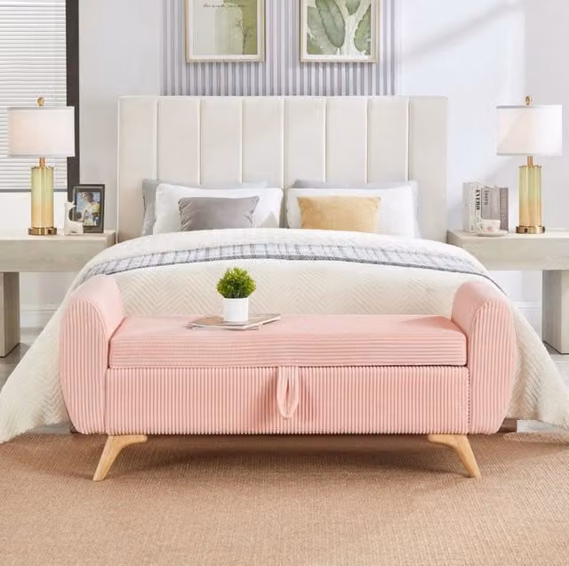 Panca contenitore pieghevole MODFU in velluto a coste rosa con gambe in legno L: 150 cm, P: 51 cm, H: 57 cm