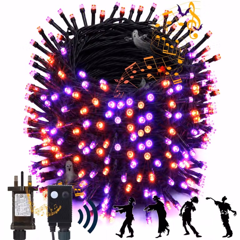 Catena luminosa per Halloween, 30 metri, 300 LED, sensore di movimento, colore arancione/viola