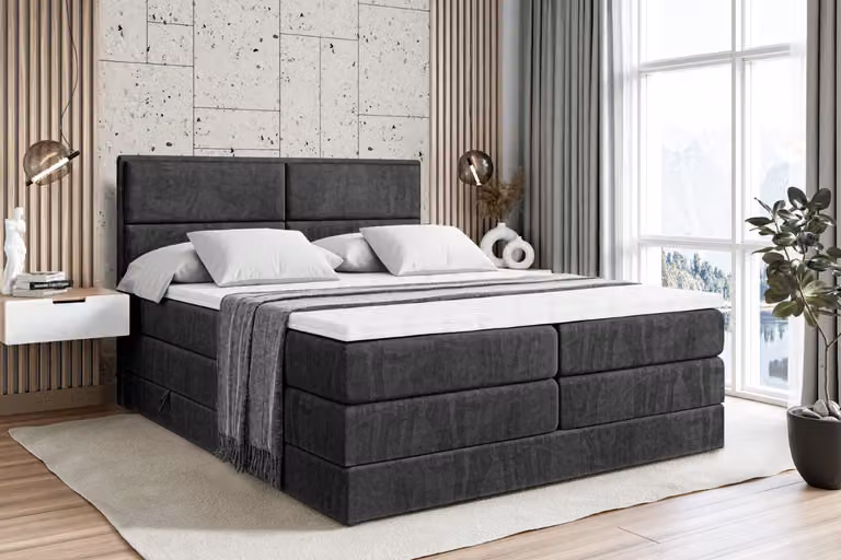 Letto boxspring ALTDECOR con 2 materassi e topper - 160x200 cm - AURA KING - Velluto nero - Letto imbottito con materassi H3 e H4, contenitore e rete a doghe, letto con spazio contenitivo