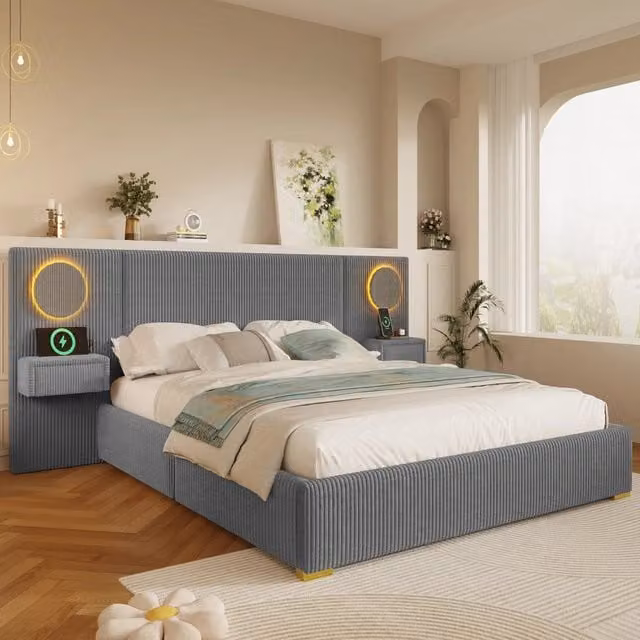 Letto matrimoniale imbottito 180 × 200 cm con testiera LED porte USB comodini con cassetti in velluto grigio