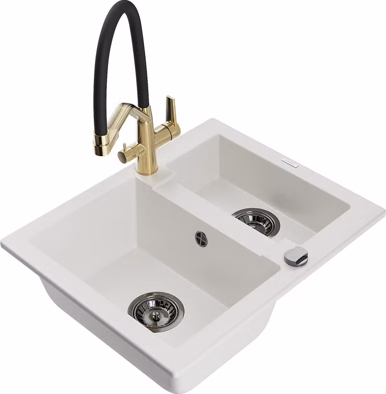 Mexen Carlos lavello da cucina in granito 1,5 vasche con miscelatore Duo, bianco - 6518-20-671701-57-B