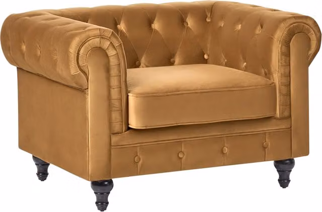 Poltrona Chesterfield Beliani in Velluto Oro con Gambe in Legno di Gomma
