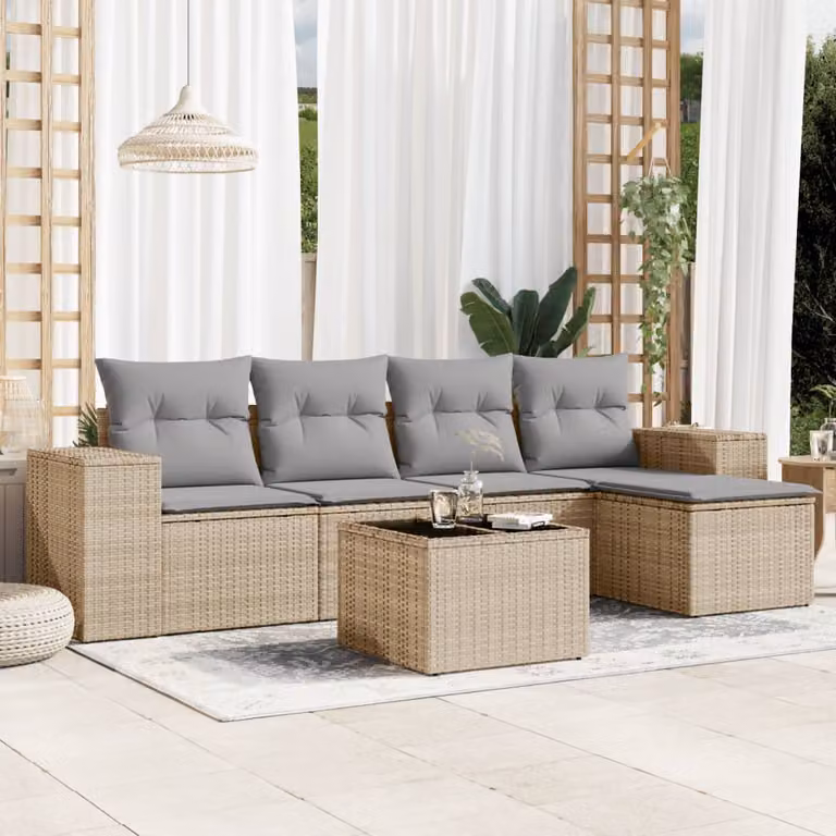 Set Divano da Giardino L-Shape vidaXL in Polyrattan Beige con Cuscini e Tavolino da 6 Pezzi