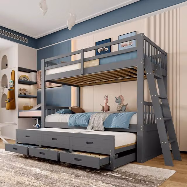 Letto a castello in pino grigio 90x200 cm a forma di casetta con letto estraibile e 3 cassetti, senza materasso