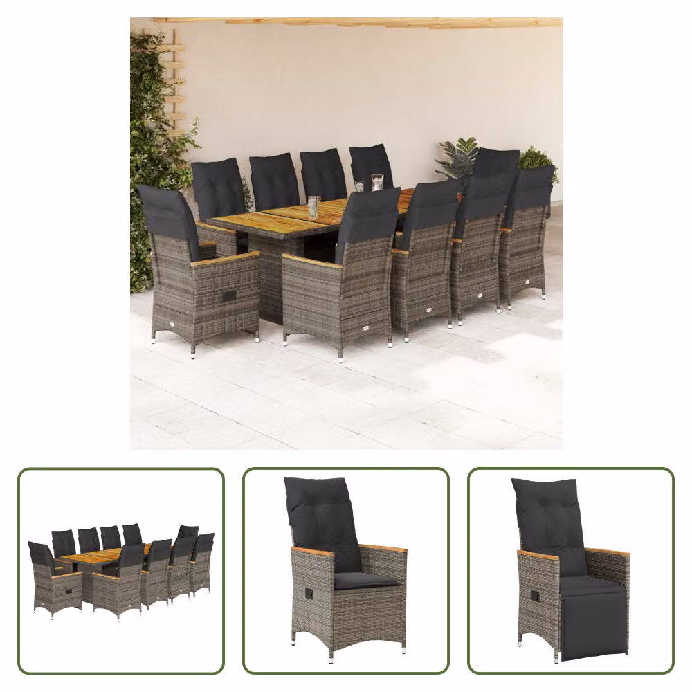 The Living Store Set bistrot da giardino 11 pezzi con cuscini in poly rattan grigio