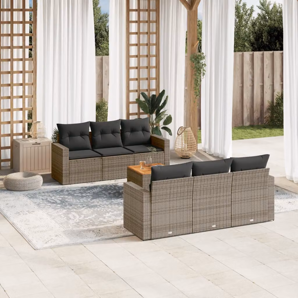 vidaXL Set Divani da Giardino 7 pz a Forma a L in Polyrattan Grigio con Cuscini e Tavolino – 1