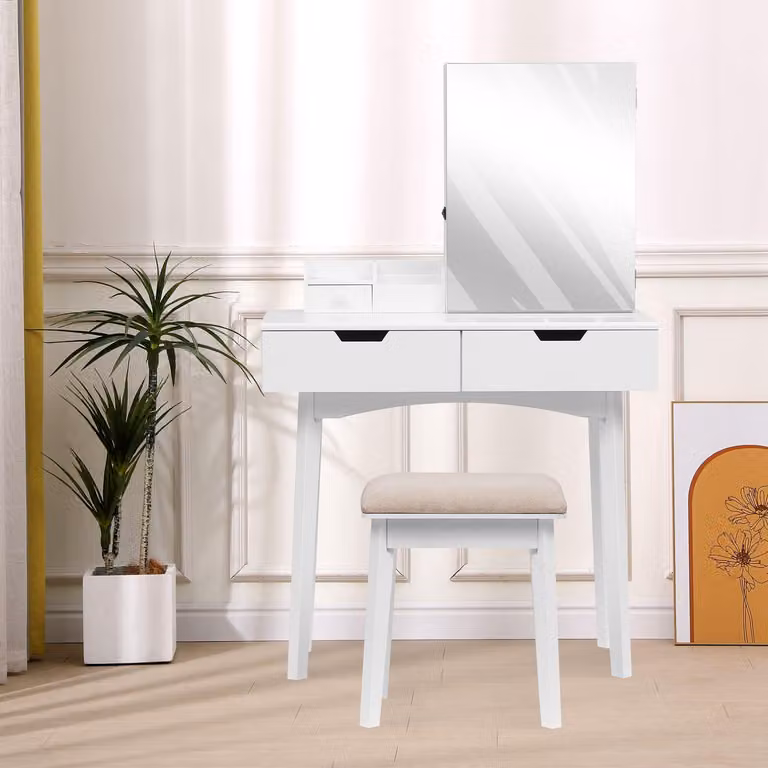 Happy Home Happy Home Tavolo da trucco con specchio, 3 cassetti e sgabello HDT08-WEI bianco