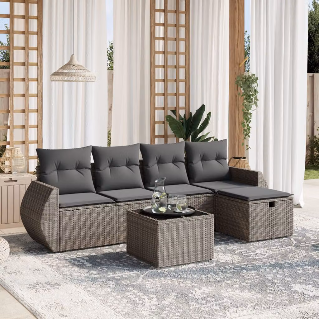 vidaXL Set Divano da Giardino a L 6 pz con Cuscini Grigio in Polyrattan e Struttura in Acciaio Verniciato a Polvere – 1